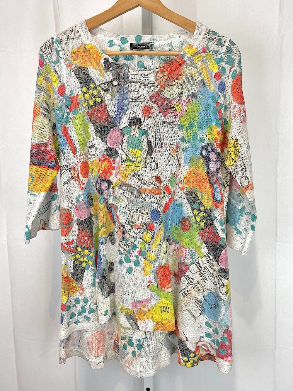 INOAH Artsy Printed Tunic Sweater Pullover Knit Top 3/4 Sleeve Multicolor Size M